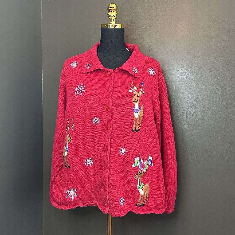 Vintage Classic Elements Button Front Sweater Kitsch Christmas Embroidered 20-22